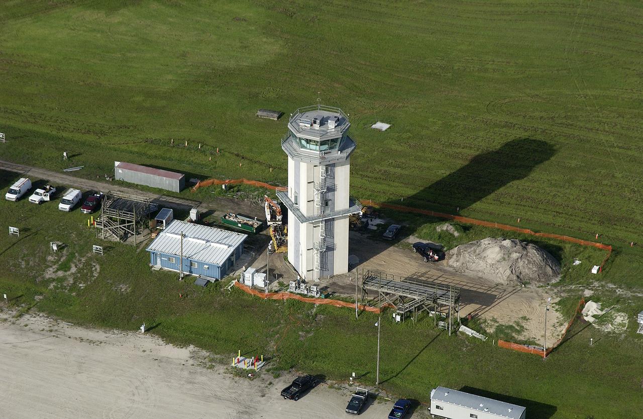 An aerial view of the control tower at the KSC Shuttle Landing Facility.