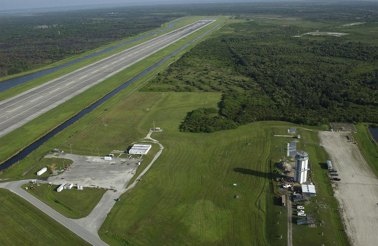 An aerial view of the control tower at the KSC Shuttle Landing Facility.