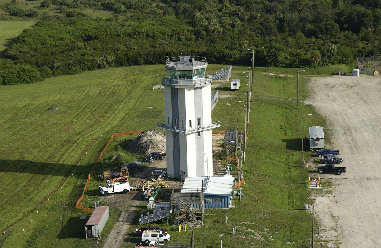 An aerial view of the control tower at the KSC Shuttle Landing Facility.