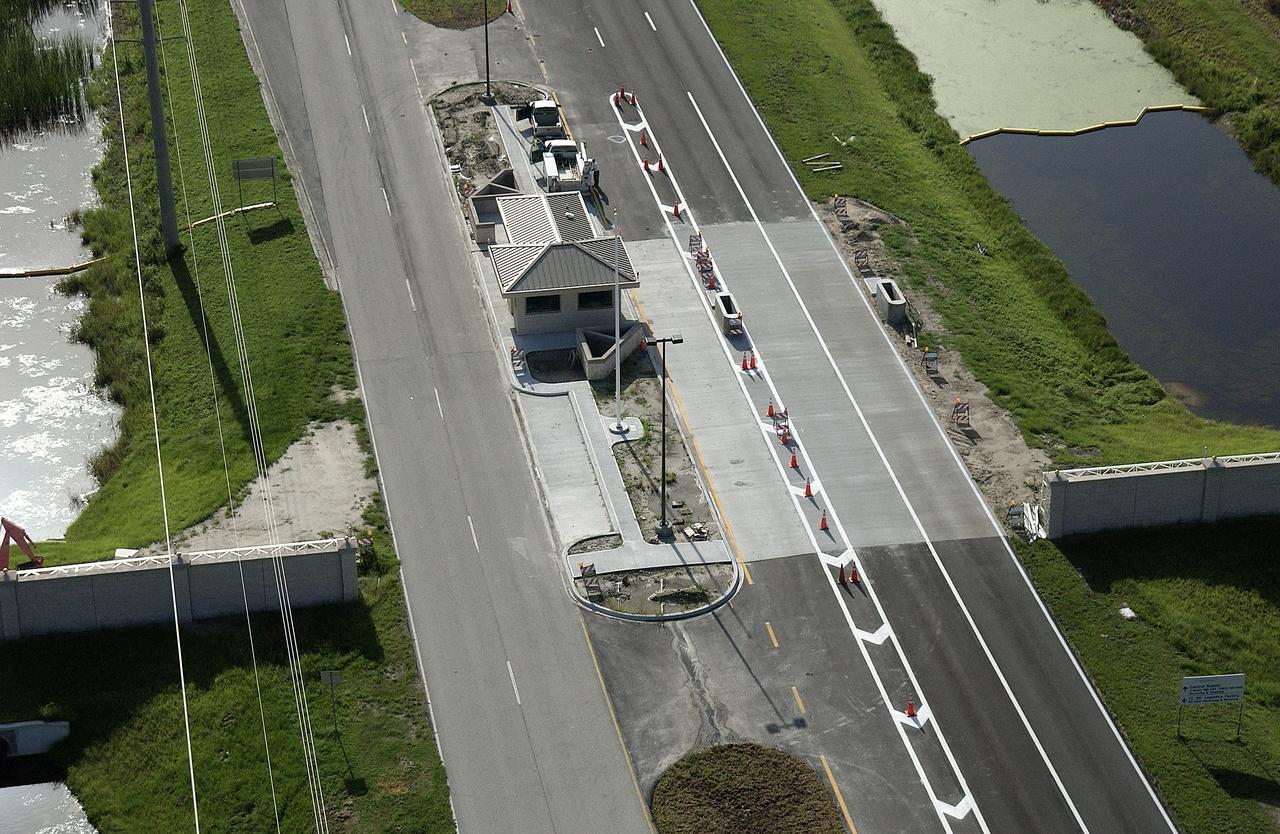 The new security gate on the NASA Causeway (S.R. 405) is seen from the air.