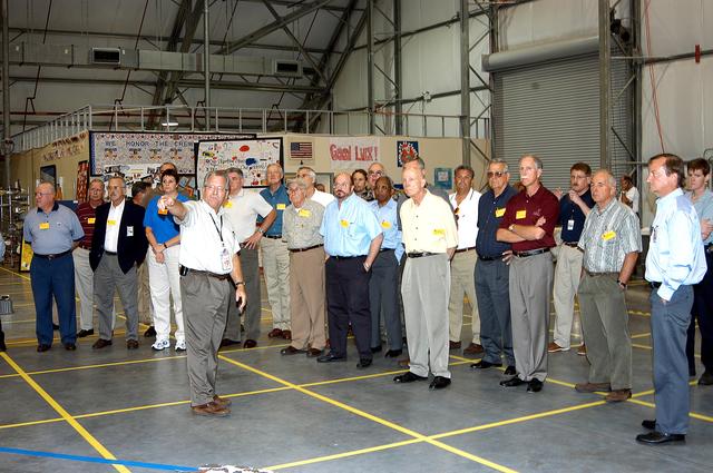 NASA image: KENNEDY SPACE CENTER, FLA.  -   The Stafford-Covey Return to Flight Task Group (SCTG) visits the Columbia Debris Hangar .  Chairing the task group are Richard O. Covey (third from right), former Space Shuttle commander, and Thomas P. Stafford (fourth from right), Apollo commander.  Chartered by NASA Administrator Sean O’Keefe, the task group will perform an independent assessment of NASA’s implementation of the final recommendations by the Columbia Accident Investigation Board.