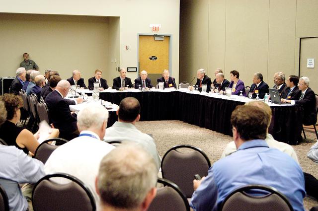 NASA image: KENNEDY SPACE CENTER, FLA.  -   The Return To Flight Task Group (RTFTG) holds its first public meeting at the Debus Center, KSC Visitor Complex.   The group is co-chaired by former Shuttle commander Richard O. Covey and retired Air Force Lt. Gen. Thomas P. Stafford, who was an Apollo commander.  The RTFTG was at KSC to conduct organizational activities, tour Space Shuttle facilities and receive briefings on Shuttle-related topics.  The task group was chartered by NASA Administrator Sean O’Keefe to perform an independent assessment of NASA’s implementation of the final recommendations of the Columbia Accident Investigation Board.