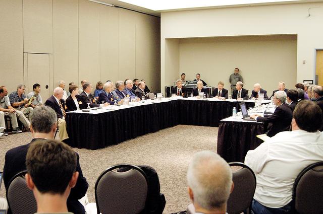 NASA image: KENNEDY SPACE CENTER, FLA.  -  The Return To Flight Task Group (RTFTG) holds its first public meeting at the Debus Center, KSC Visitor Complex.   The group is co-chaired by former Shuttle commander Richard O. Covey and retired Air Force Lt. Gen. Thomas P. Stafford, who was an Apollo commander.  The RTFTG was at KSC to conduct organizational activities, tour Space Shuttle facilities and receive briefings on Shuttle-related topics.  The task group was chartered by NASA Administrator Sean O’Keefe to perform an independent assessment of NASA’s implementation of the final recommendations of the Columbia Accident Investigation Board.