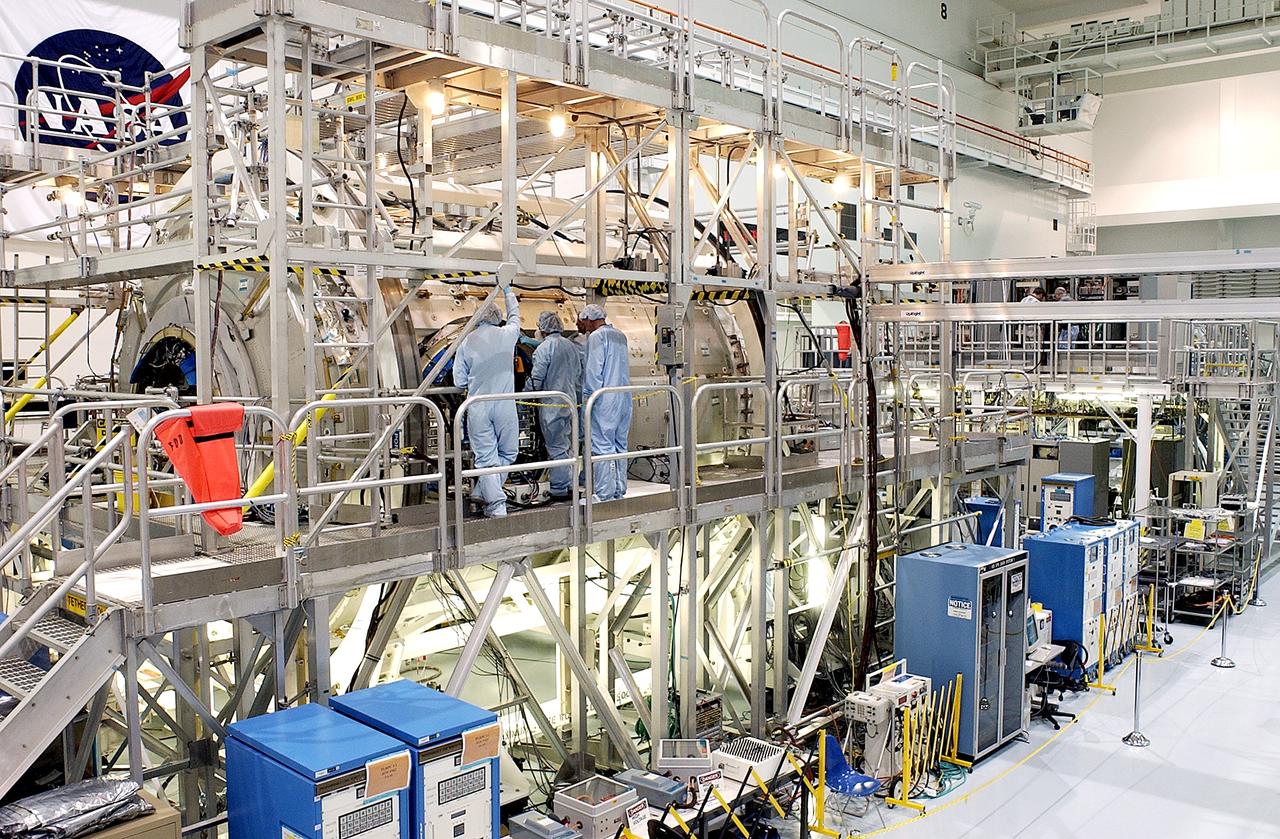 KENNEDY SPACE CENTER, FLA.  - In the Space Station Processing Facility, work is ongoing on the U.S. Node 2, the second of three Space Station connecting modules.  The Italian-built Node 2 attaches to the end of the U.S. Lab and will provide attach locations for the Japanese laboratory, European laboratory, the Centrifuge Accommodation Module and, later, Multipurpose Logistics Modules. It will provide the primary docking location for the Shuttle when a pressurized mating adapter is attached to Node 2.  Installation of the module will complete the U.S. Core of the ISS.  Node 2 is the designated payload for mission STS-120.  No orbiter or launch date has been determined yet.