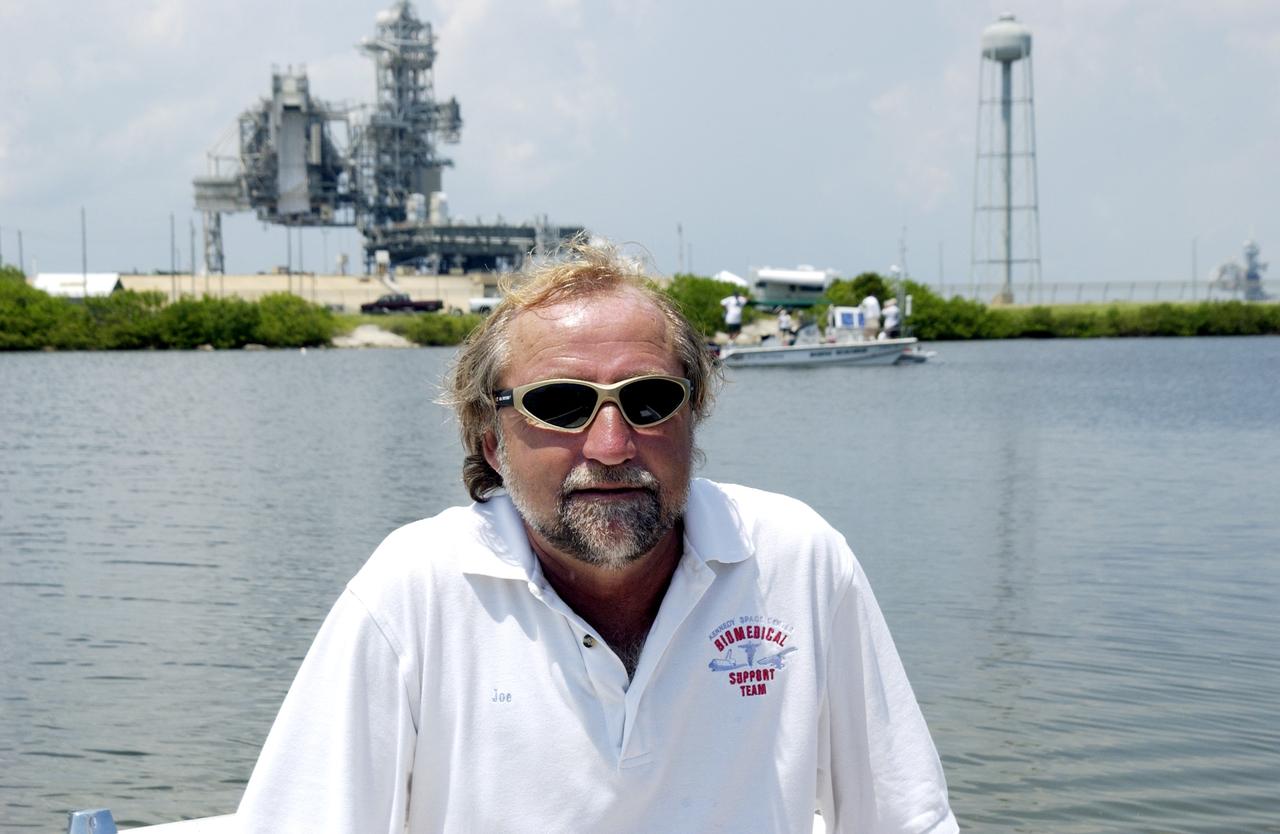 KENNEDY SPACE CENTER, FLA.  -  Joe Bartoszek, NASA, is a member of the research team conducting underwater acoustic research in the Launch Complex 39 turn basin near Launch Pad 39A.  Several government agencies, including NASA, NOAA, the Navy, the Coast Guard, and the Florida Fish and Wildlife Commission are involved in the testing. The research involves demonstrations of passive and active sensor technologies, with applications in fields ranging from marine biological research to homeland security. The work is also serving as a pilot project to assess the cooperation between the agencies involved. Equipment under development includes a passive acoustic monitor developed by NASA’s Jet Propulsion Laboratory, and mobile robotic sensors from the Navy’s Mobile Diving and Salvage Unit.