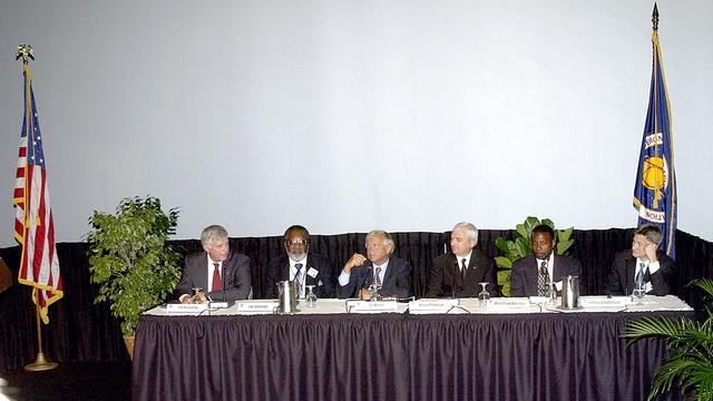 NASA image: KENNEDY SPACE CENTER, FLA.  -  NASA leaders discuss the Agency’s One NASA initiative with selected employees at the KSC Visitor Complex IMAX Theater®.  From left are   KSC Director Jim Kennedy; James Jennings,  NASA’s associate deputy administrator for institutions and asset management; Ed Weiler, associate administrator for Space Science; Kevin Peterson, Dryden Flight Research Center director; incoming KSC Deputy Director Woodrow Whitlow;  and implementation team lead Johnny Stevenson.   Glenn Research Center Director Dr. Julian Earls gave a motivational speech during the luncheon held at the Visitor Complex Debus Conference Center.