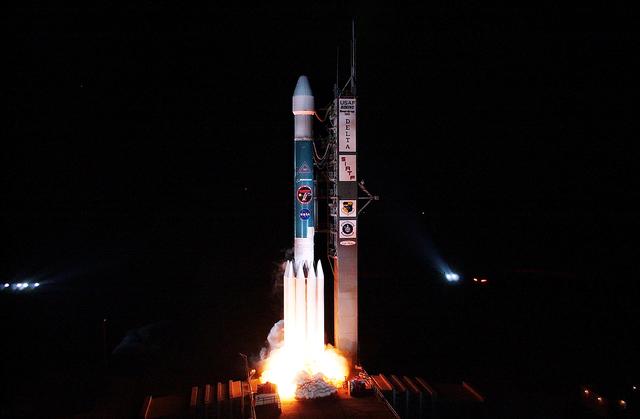 NASA image: KENNEDY SPACE CENTER, FLA.  -  NASA's Space Infrared Telescope Facility (SIRTF) lifts off from Launch Pad 17-B, Cape Canaveral Air Force Station, on Aug. 25 at 1:35:39 a.m. EDT. SIRTF will obtain images and spectra by detecting the infrared energy, or heat, radiated by objects in space. Consisting of a 0.85-meter telescope and three cryogenically cooled science instruments, SIRTF will be the largest infrared telescope ever launched into space. It is the fourth and final element in NASA’s family of orbiting “Great Observatories.” Its highly sensitive instruments will give a unique view of the Universe and peer into regions of space that are hidden from optical telescopes.