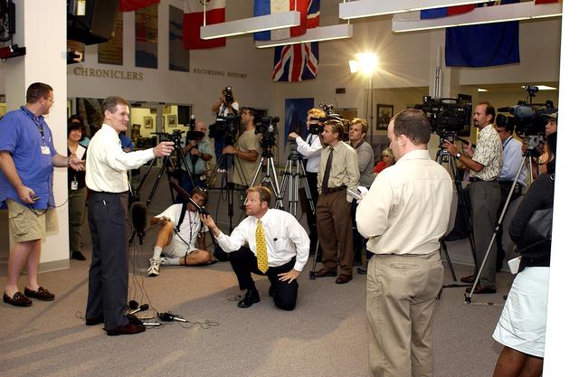 NASA image: KENNEDY SPACE CENTER, FLA. - Sen. Bill Nelson talks to the media at the NASA KSC News Center about the Columbia Accident Investigation Board report released today.
