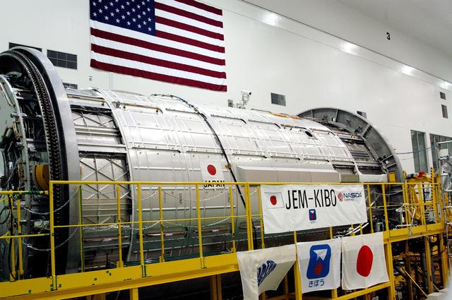 NASA image: KENNEDY SPACE CENTER, FLA. - The Japanese Experiment Module (JEM), named Kibo (Hope), is undergoing a Multi-Element Integrated Test (MEIT) in the Space Station Processing Facility.  Developed by the National Space Development Agency of Japan (NASDA), the JEM is Japan's primary contribution to the Station. It will enhance the unique research capabilities of the orbiting complex by providing an additional environment for astronauts to conduct science experiments.