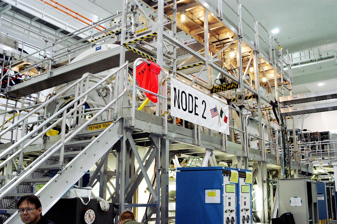 KENNEDY SPACE CENTER, FLA. - The  U.S. Node 2 is undergoing a Multi-Element Integrated Test (MEIT) in the Space Station Processing Facility.  Node 2 attaches to the end of the U.S. Lab on the ISS and provides attach locations for the Japanese laboratory, European laboratory, the Centrifuge Accommodation Module and, eventually, Multipurpose Logistics Modules. It will provide the primary docking location for the Shuttle when a pressurized mating adapter is attached to Node 2.  Installation of the module will complete the U.S. Core of the ISS.