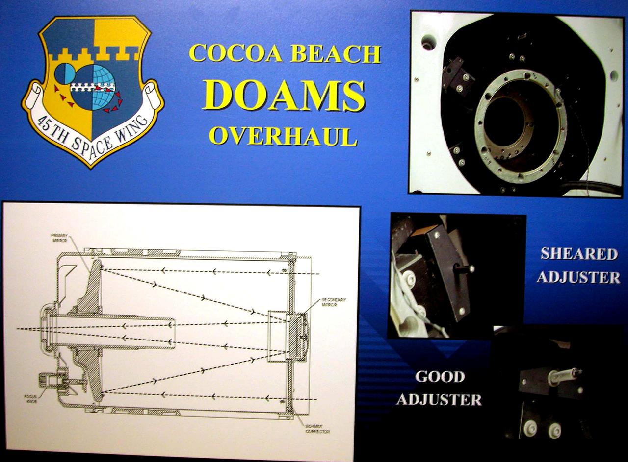 KENNEDY SPACE CENTER, FLA. - This storyboard shows a diagram of the telescope design and photos for a new five-meter focal length scope. The tracking telescope is part of the Distant Object Attitude Measurement System (DOAMS) in Cocoa Beach, Fla., that provides optical support for launches from KSC and Cape Canaveral.