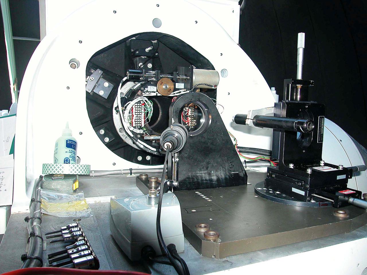 KENNEDY SPACE CENTER, FLA. -    Collimation setup is underway on a newly installed five-meter focal length telescope in Cocoa Beach, Fla.  The tracking telescope is part of the Distant Object Attitude Measurement System (DOAMS) that provides optical support for launches from KSC and Cape Canaveral.