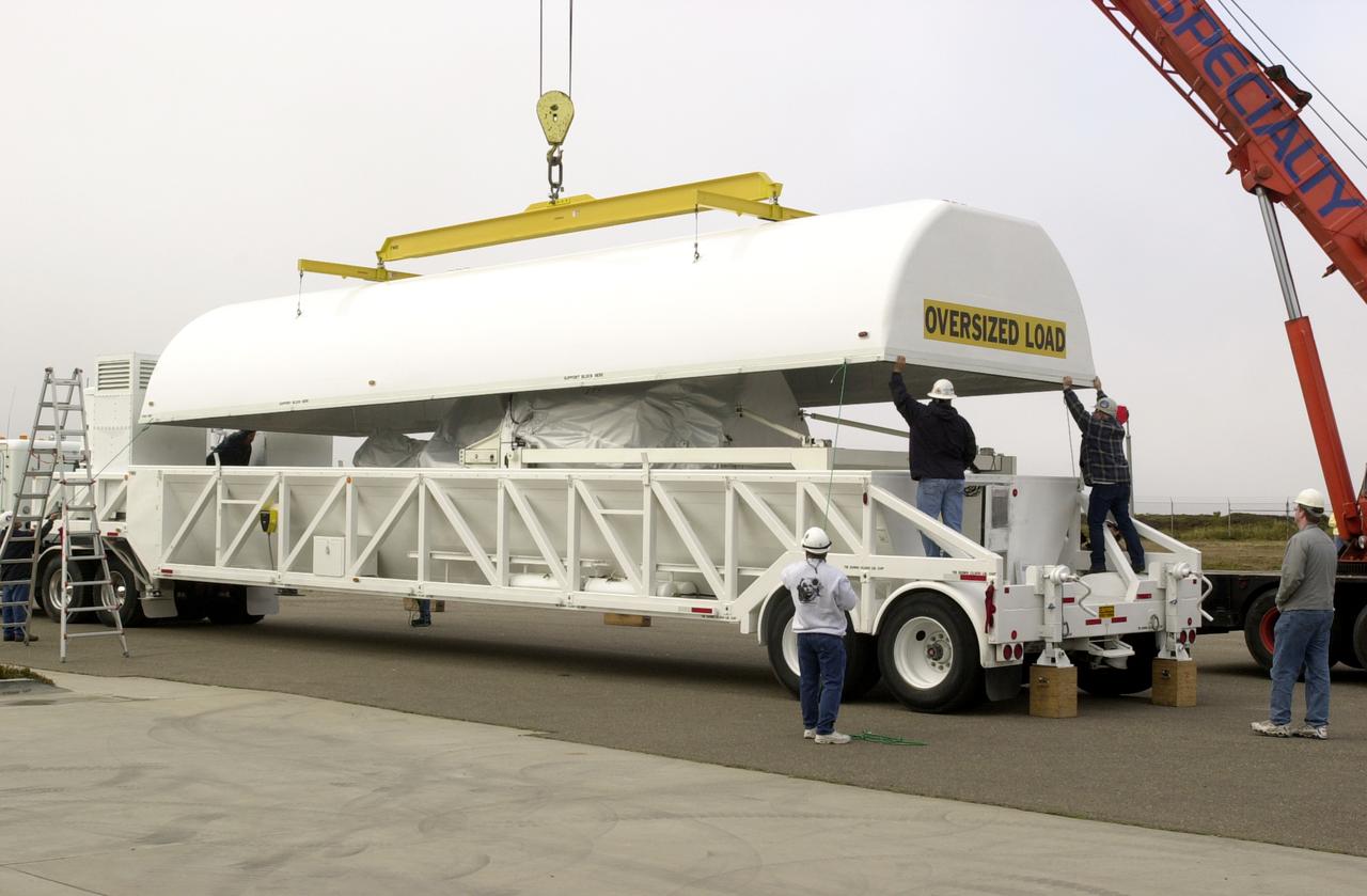 At Vandenberg AFB, the canister enclosing the Gravity Probe B (GP-B) spacecraft is removed from the transporter. Gravity Probe B will launch a payload of four gyroscopes into low-Earth polar orbit to test two extraordinary predictions of Albert Einstein’s general theory of relativity: the geodetic effect (how space and time are warped by the presence of the Earth) and frame dragging (how Earth’s rotation drags space and time around with it). Once in orbit, for 18 months each gyroscope’s spin axis will be monitored as it travels through local spacetime, observing and measuring these effects. The experiment was developed by Stanford University, Lockheed Martin and NASA’s Marshall Space Flight Center.