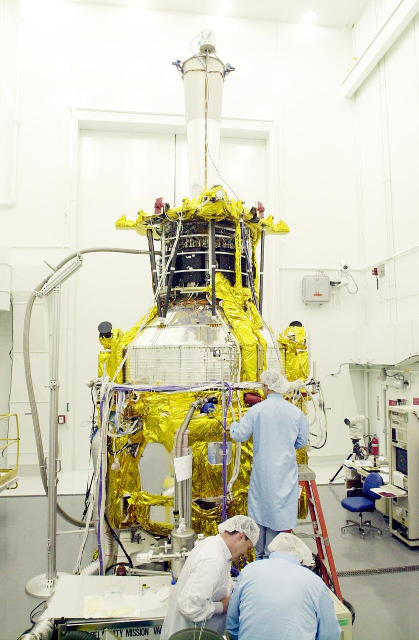 In the spacecraft processing facility on North Vandenberg Air Force Base, battery charge/discharge cycles are underway as part of the battery conditioning process on Gravity Probe B. The Gravity Probe B will launch a payload of four gyroscopes into low-Earth polar orbit to test two extraordinary predictions of Albert Einstein’s general theory of relativity: the geodetic effect (how space and time are warped by the presence of the Earth) and frame dragging (how Earth’s rotation drags space and time around with it). Once in orbit, for 18 months each gyroscope’s spin axis will be monitored as it travels through local spacetime, observing and measuring these effects. The experiment was developed by Stanford University, Lockheed Martin and NASA’s Marshall Space Flight Center.