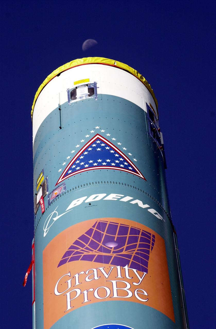 VANDENBERG AFB, CALIF. -  Logos identify the mission of this Delta II rocket that will launch the Gravity Probe B experiment, developed by Stanford University, Lockheed Martin and NASA’s Marshall Space Flight Center.   The Gravity Probe B will launch a payload of four gyroscopes into low-Earth polar orbit to test two extraordinary predictions of Albert Einstein’s general theory of relativity: the geodetic effect (how space and time are warped by the presence of the Earth) and frame dragging (how Earth’s rotation drags space and time around with it). Once in orbit, for 18 months each gyroscope’s spin axis will be monitored as it travels through local spacetime, observing and measuring these effects. The targeted launch date is Dec. 6, 2003.