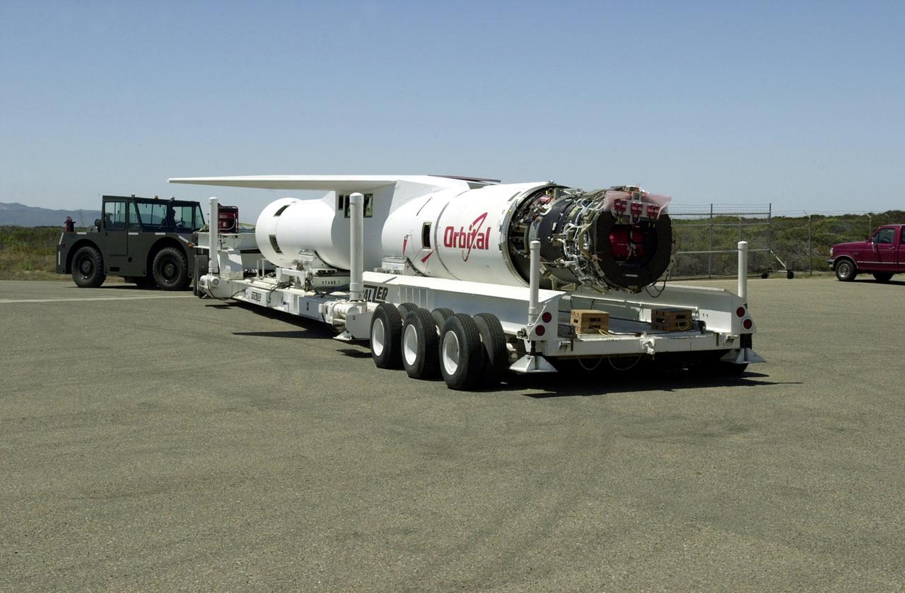 VANDENBERG AIR FORCE BASE, CALIF. - At Vandenberg Air Force Base, Calif., the Pegasus launch vehicle is moved toward its hangar. The Pegasus will carry the SciSat-1 spacecraft in a 400-mile-high polar orbit to investigate processes that control the distribution of ozone in the upper atmosphere. The data from the satellite will provide Canadian and international scientists with improved measurements relating to global ozone processes and help policymakers assess existing environmental policy and develop protective measures for improving the health of our atmosphere, preventing further ozone depletion. The mission is designed to last two years.