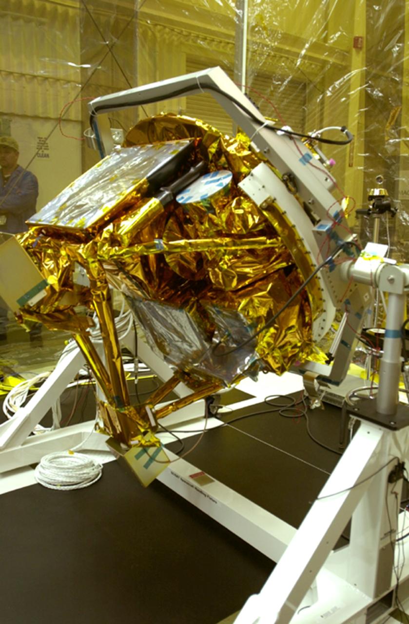 VANDENBERG AIR FORCE BASE, CALIF.- At Vandenberg Air Force Base, Calif., spacecraft functional testing is underway on the SciSat-1. The solar arrays are being attached and the communications systems are also being checked out.   The SciSat-1 weighs approximately 330 pounds and after launch will be placed in a 400-mile-high polar orbit to investigate processes that control the distribution of ozone in the upper atmosphere. The data from the satellite will provide Canadian and international scientists with improved measurements relating to global ozone processes and help policymakers assess existing environmental policy and develop protective measures for improving the health of our atmosphere, preventing further ozone depletion. The mission is designed to last two years.