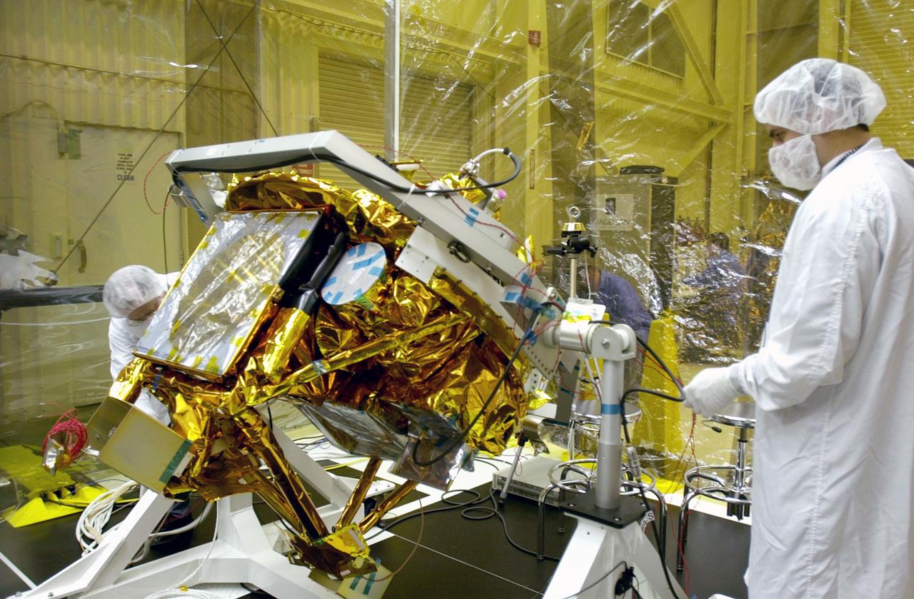 VANDENBERG AIR FORCE BASE, CALIF.- At Vandenberg Air Force Base, Calif., spacecraft functional testing is underway on the SciSat-1. The solar arrays are being attached and the communications systems are also being checked out.   The SciSat-1 weighs approximately 330 pounds and after launch will be placed in a 400-mile-high polar orbit to investigate processes that control the distribution of ozone in the upper atmosphere. The data from the satellite will provide Canadian and international scientists with improved measurements relating to global ozone processes and help policymakers assess existing environmental policy and develop protective measures for improving the health of our atmosphere, preventing further ozone depletion. The mission is designed to last two years.