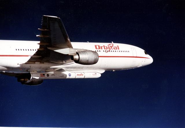 NASA image: VANDENBERG AIR FORCE BASE, CALIF. -  The L-1011 carrier aircraft is in flight with its cargo of the Pegasus launch vehicle and SciSat-1 spacecraft underneath. The SciSat-1 weighs approximately 330 pounds and after launch will be placed in a 400-mile-high polar orbit to investigate processes that control the distribution of ozone in the upper atmosphere. The data from the satellite will provide Canadian and international scientists with improved measurements relating to global ozone processes and help policymakers assess existing environmental policy and develop protective measures for improving the health of our atmosphere, preventing further ozone depletion. The mission is designed to last two years.
