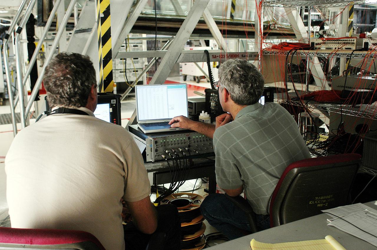 KENNEDY SPACE CENTER, FLA. -  In the Orbiter Processing Facility, Bill Prosser (left) and Eric Madaras, NASA-Langley Research Center, conduct impulse tests on the right wing leading edge (WLE) of Space Shuttle Endeavour. The tests monitor how sound impulses propagate through the WLE area.  The data collected will be analyzed to explore the possibility of adding new instrumentation to the wing that could automatically detect debris or micrometeroid impacts on the Shuttle while in flight.  The study is part of the initiative ongoing at KSC and around the agency to return the orbiter fleet to flight status.