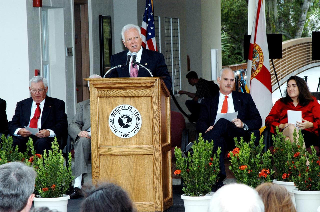KENNEDY SPACE CENTER, FLA. -  Dr. Anthony J. Catanese, president of the Florida Institute of Technology in Melbourne, Fla., delivers the opening remarks at the university's Columbia Village dedication ceremony.  The event is attended by family members of the STS-107 astronauts, other dignitaries, members of the university community and the public.  Each of the seven new residence halls in the complex is named for one of the STS-107 astronauts who perished during the Columbia accident -- Rick Husband, Willie McCool, Laurel Clark, Michael Anderson, David Brown, Kalpana Chawla, and Ilan Ramon.