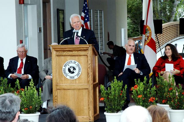 NASA image: KENNEDY SPACE CENTER, FLA. -  Dr. Anthony J. Catanese, president of the Florida Institute of Technology in Melbourne, Fla., delivers the opening remarks at the university's Columbia Village dedication ceremony.  The event is attended by family members of the STS-107 astronauts, other dignitaries, members of the university community and the public.  Each of the seven new residence halls in the complex is named for one of the STS-107 astronauts who perished during the Columbia accident -- Rick Husband, Willie McCool, Laurel Clark, Michael Anderson, David Brown, Kalpana Chawla, and Ilan Ramon.