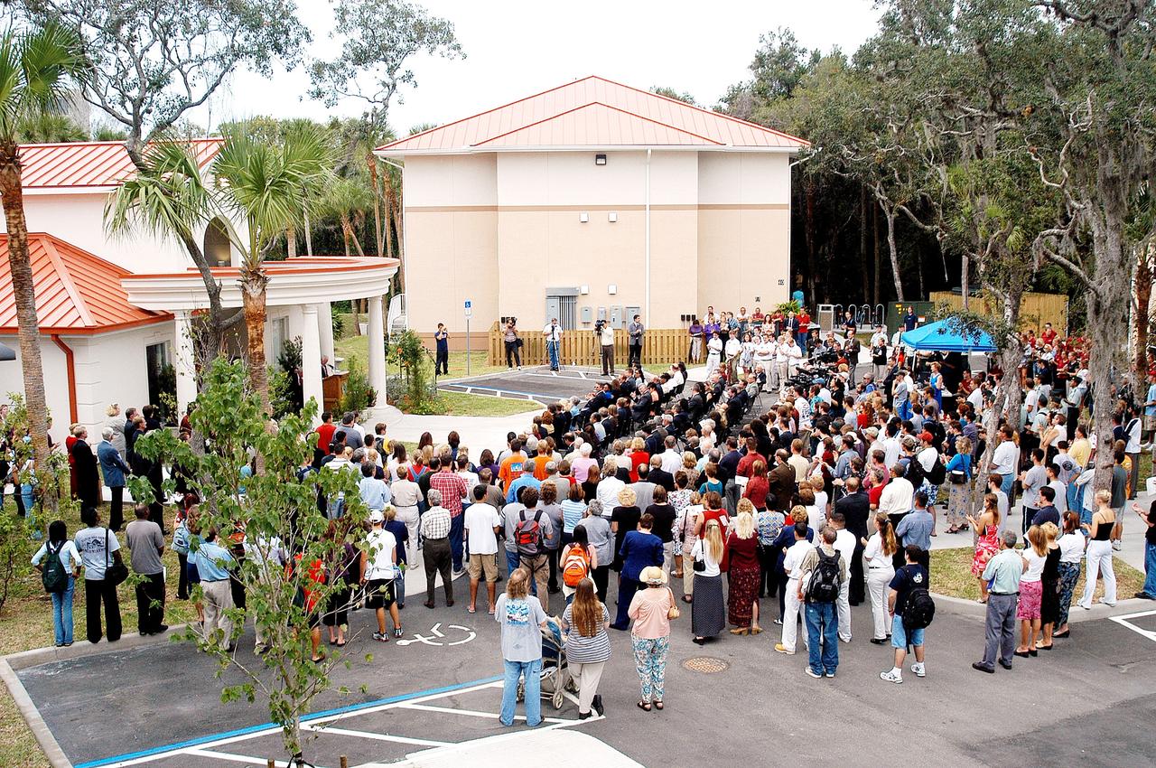 KENNEDY SPACE CENTER, FLA. -  Family members of the STS-107 astronauts, other dignitaries, members of the university community and the public gather for the dedication ceremony of the Columbia Village at the Florida Institute of Technology in Melbourne, Fla.  Each of the seven new residence halls in the complex is named for one of the STS-107 astronauts who perished during the Columbia accident -- Rick Husband, Willie McCool, Laurel Clark, Michael Anderson, David Brown, Kalpana Chawla, and Ilan Ramon.