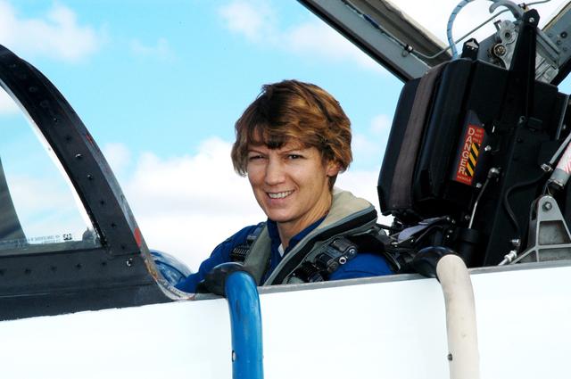NASA image: KENNEDY SPACE CENTER, FLA. - STS-114 Commander Eileen Collins arrives at the KSC Shuttle Landing Facility in a T-38 jet aircraft.  She and other crew members are at KSC to take part in crew equipment and orbiter familiarization.