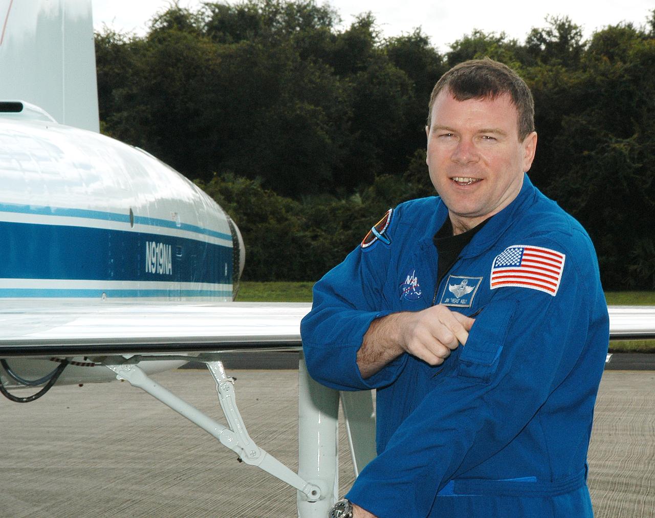 KENNEDY SPACE CENTER, FLA. - STS-114 Pilot James Kelly arrives at the KSC Shuttle Landing Facility in a T-38 jet aircraft.  He and other crew members are at KSC to take part in crew equipment and orbiter familiarization.