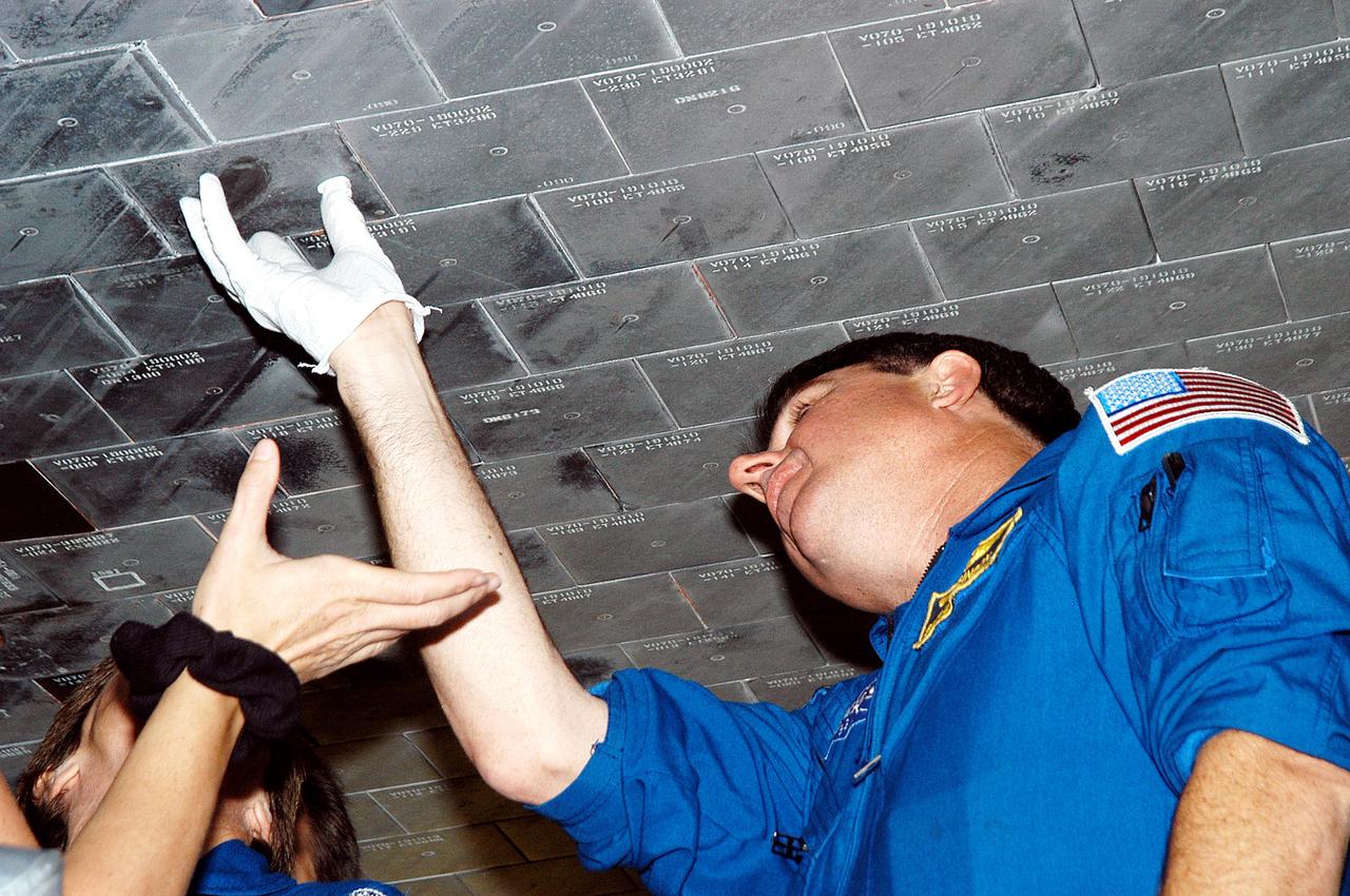KENNEDY SPACE CENTER, FLA. -  In the Orbiter Processing Facility, STS-114 Mission Specialist Stephen Robinson takes a close look at the some of the tiles underneath Atlantis.  The STS-114 crew is at KSC to take part in crew equipment and orbiter familiarization.
