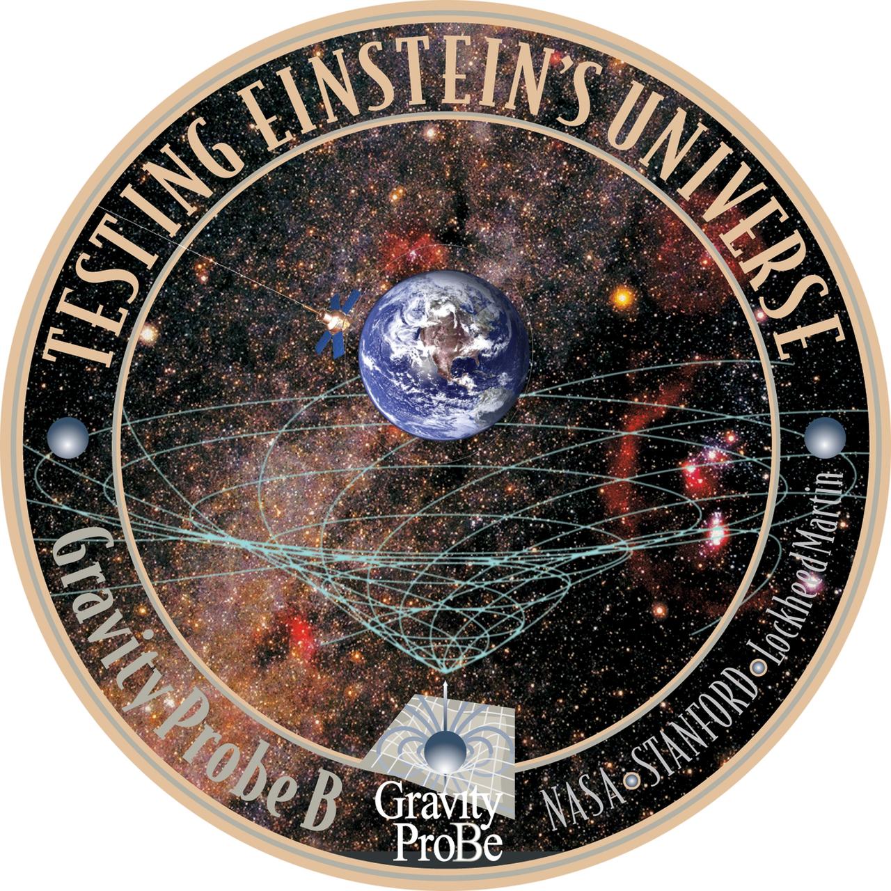 KENNEDY SPACE CENTER, FLA.  - This seal illustrates the mission of the Gravity Probe B spacecraft and the organizations who developed the experiment: Stanford University, NASA’s Marshall Space Flight Center and Lockheed Martin.  The Gravity Probe B mission will test the theory of curved spacetime and "frame-dragging," depicted graphically in the lower half, that was developed by Einstein and other scientists.   Above the graphic is a drawing of GP-B circling the Earth.