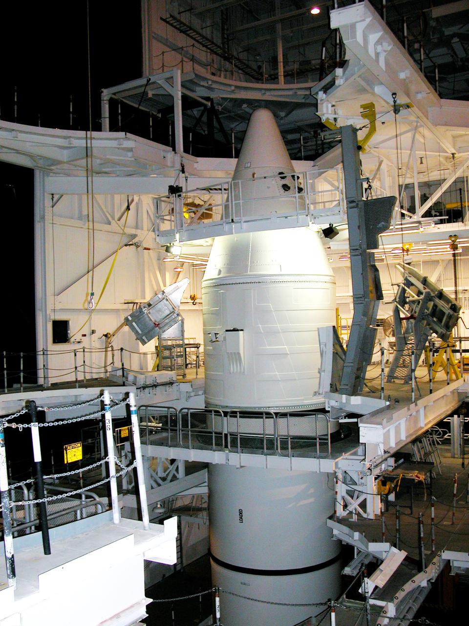 KENNEDY SPACE CENTER, FLA. -  In the Vehicle Assembly Building, the forward assembly of this solid rocket booster (SRB) is ready for destacking, part of time and cycle activities. The SRB was part of the stack on Atlantis originally scheduled for a March 1, 2003, launch on mission STS-114.  The SRBs and external tank were demated in February 2003.  STS-114 is now scheduled to occur no earlier than Sept. 12, 2004, on Atlantis.