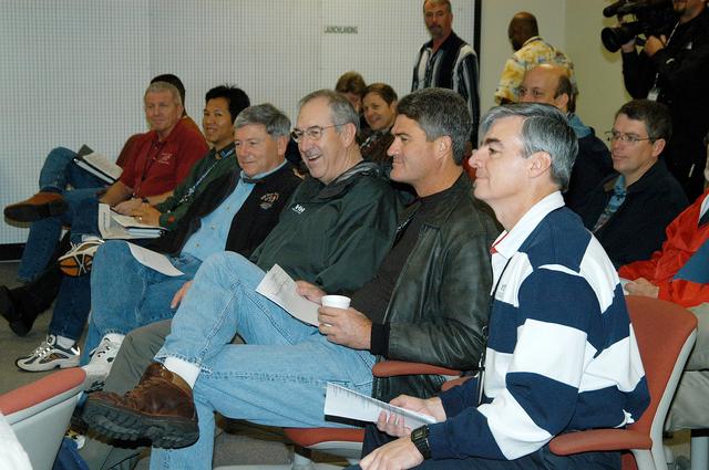 NASA image: KENNEDY SPACE CENTER, FLA. -- NASA and United Space Alliance (USA) Space Shuttle program managers attend a briefing, part of activities during a leadership workday.  The day is intended to provide management with an in-depth, hands-on look at Shuttle processing activities at KSC.  Starting third from left are NASA Deputy Associate Administrator for Space Station and Shuttle Programs Michael Kostelnik, USA Vice President and Space Shuttle Program Manager Howard DeCastro, NASA Space Shuttle Program Manager William Parsons, and USA Associate Program Manager of Ground Operations Andy Allen.