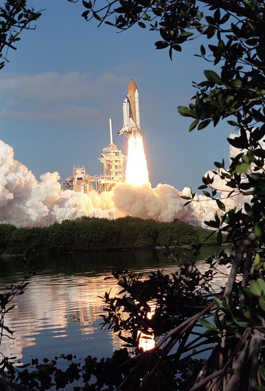 KENNEDY SPACE CENTER, FLA. - Viewed from among branches across from Launch Pad 39A, Space Shuttle Columbia leaps toward space on mission STS-107. Following a flawless and uneventful countdown, liftoff occurred on-time at 10:39 a.m. EST.  The 16-day research mission includes FREESTAR (Fast Reaction Experiments Enabling Science, Technology, Applications and Research) and the SHI Research Double Module (SHI/RDM), known as SPACEHAB.  Experiments on the module range from material sciences to life sciences..  Landing of Columbia is scheduled at about 8:53 a.m. EST on Saturday, Feb. 1.  This mission is the first Shuttle mission of 2003. Mission STS-107 is the 28th flight of the orbiter Columbia and the 113th flight overall in NASA's Space Shuttle program. 