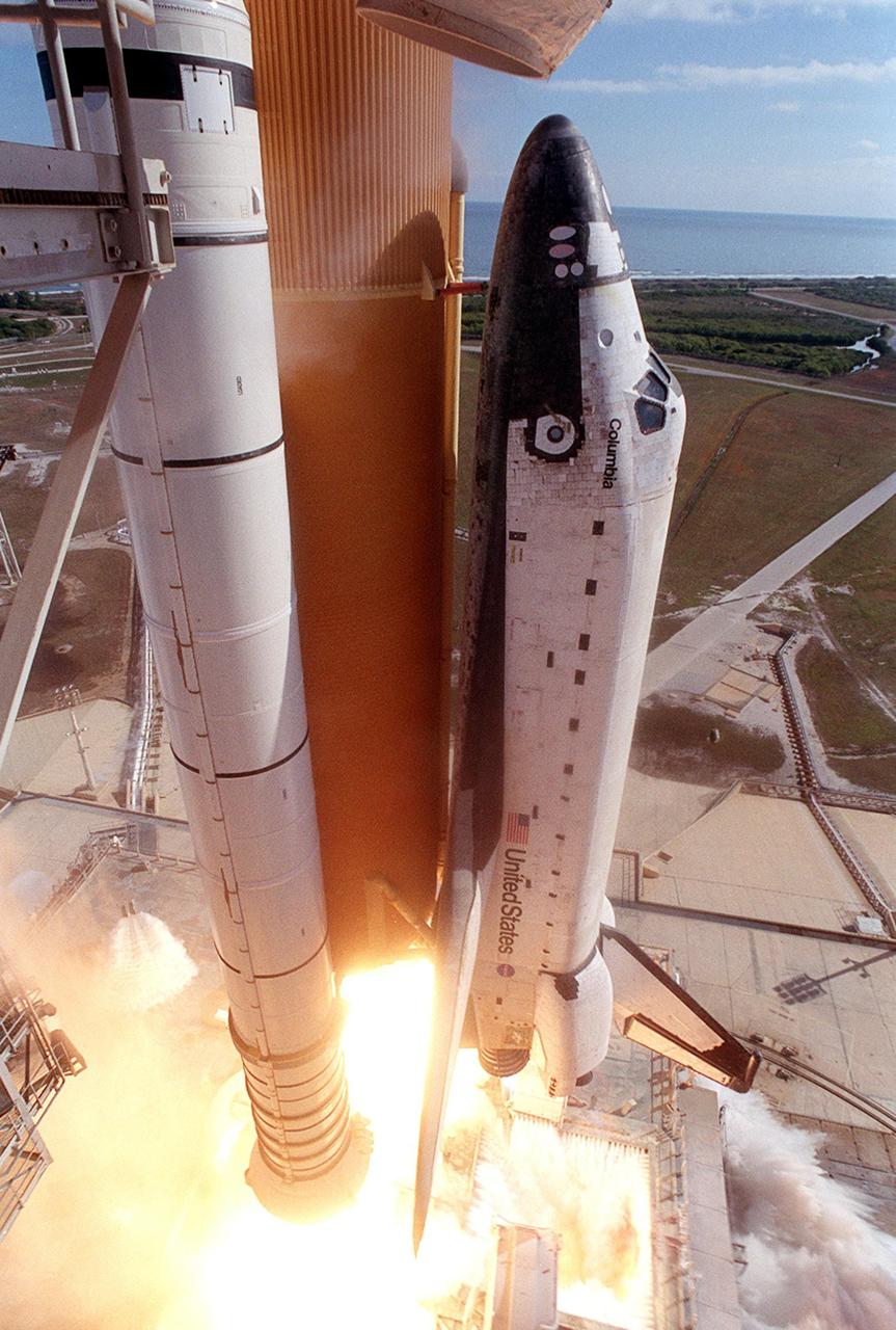 KENNEDY SPACE CENTER, FLA. - A closeup camera view shows Space Shuttle Columbia as it lifts off from Launch Pad 39A on mission STS-107. Following a flawless and uneventful countdown, liftoff occurred on-time at 10:39 a.m. EST.  The 16-day research mission includes FREESTAR (Fast Reaction Experiments Enabling Science, Technology, Applications and Research) and the SHI Research Double Module (SHI/RDM), known as SPACEHAB.  Experiments on the module range from material sciences to life sciences..  Landing of Columbia is scheduled at about 8:53 a.m. EST on Saturday, Feb. 1.  This mission is the first Shuttle mission of 2003. Mission STS-107 is the 28th flight of the orbiter Columbia and the 113th flight overall in NASA's Space Shuttle program. 