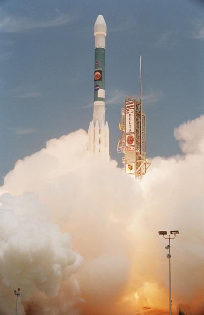 NASA image: KENNEDY SPACE CENTER, FLA. -    With smoke and steam billowing beneath, the Delta II rocket with its Mars Exploration Rover (MER-A) payload leaps off the launch pad into the blue sky to begin its journey to Mars.  Liftoff occurred on time at 1:58 p.m. EDT from Launch Complex 17-A, Cape Canaveral Air Force Station.  MER-A, known as "Spirit," is the first of two rovers being launched to Mars. When the two rovers arrive at the red planet in 2004, they will bounce to airbag-cushioned landings at sites offering a balance of favorable conditions for safe landings and interesting science. The rovers see sharper images, can explore farther and examine rocks better than anything that has ever landed on Mars. The designated site for the MER-A mission is Gusev Crater, which appears to have been a crater lake. The second rover, MER-B, is scheduled to launch June 25.