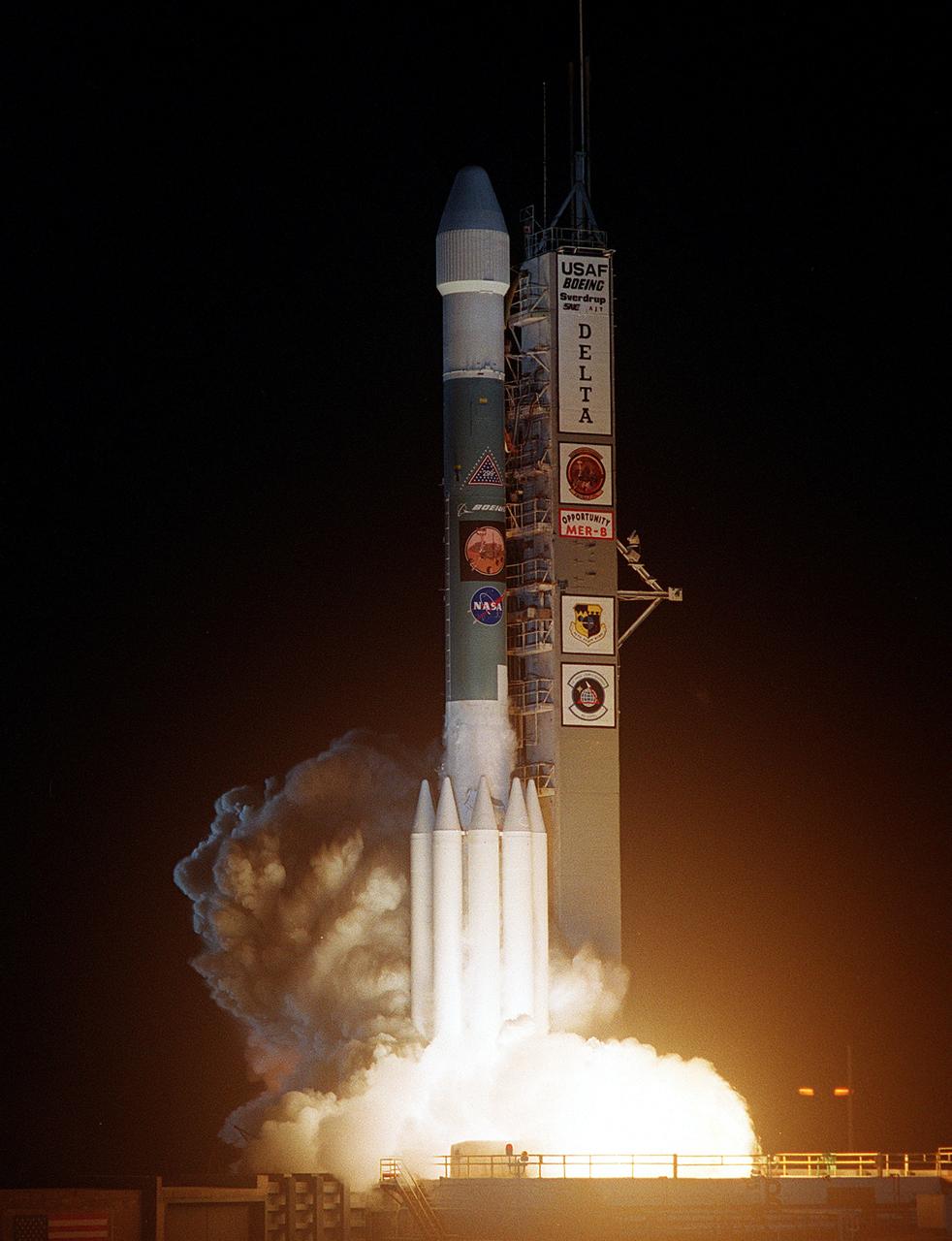 KENNEDY SPACE CENTER, FLA. - NASA launches its second Mars Exploration Rover, Opportunity, aboard a Delta II launch vehicle.  The bright glare briefly illuminated Florida Space Coast beaches.  Opportunity’s dash to Mars began with liftoff at 11:18:15 p.m. Eastern Daylight Time from Cape Canaveral Air Force Station, Fla.   The spacecraft separated successfully from the Delta's third stage 83 minutes later, after it had been boosted out of Earth orbit and onto a course toward Mars.
