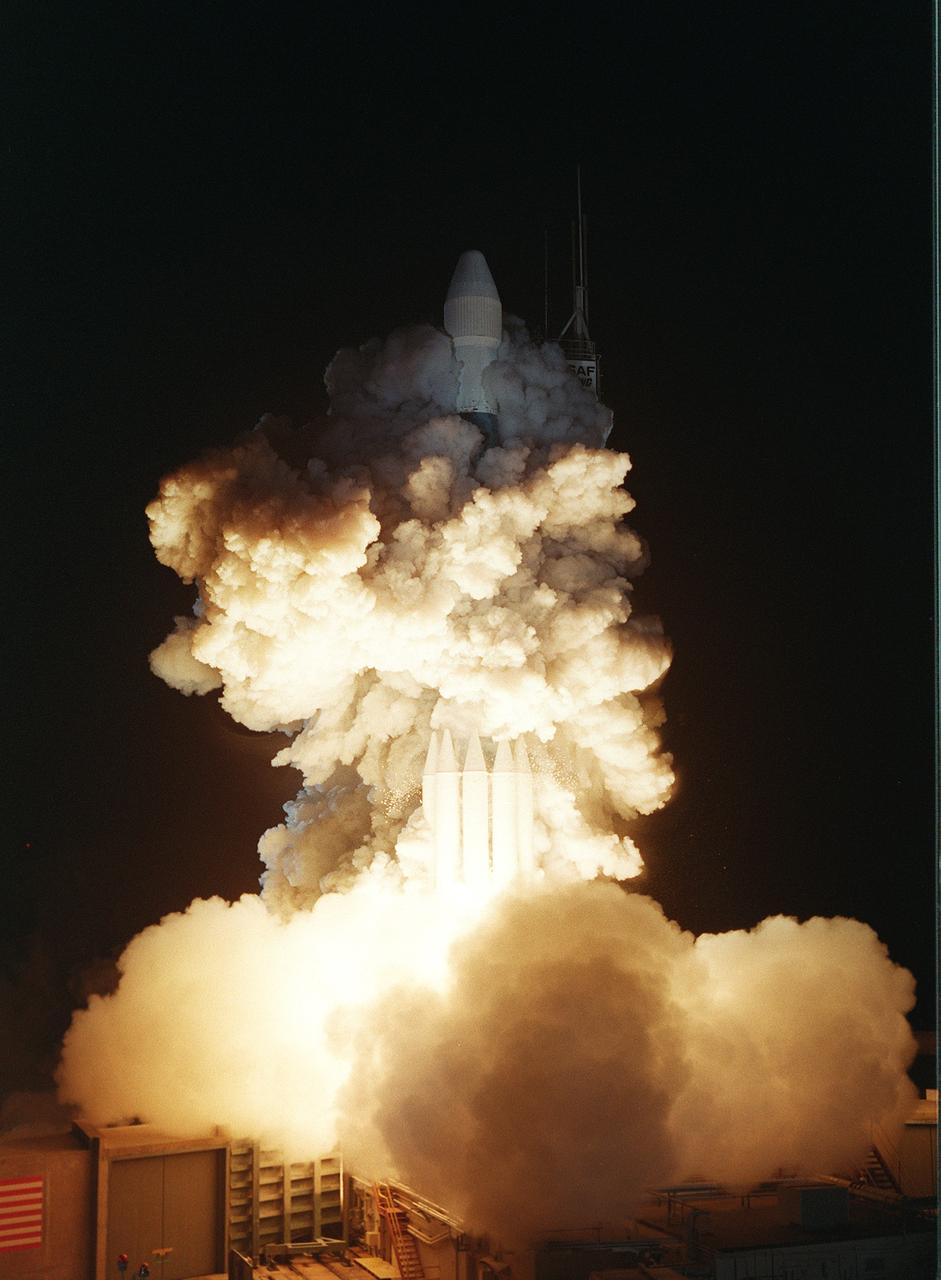 KENNEDY SPACE CENTER, FLA. - From a burst of fire and smoke, the Delta II launch vehicle races into the sky carrying the second Mars Exploration Rover, Opportunity.  The bright glare briefly illuminated Florida Space Coast beaches.  Opportunity’s dash to Mars began with liftoff at 11:18:15 p.m. Eastern Daylight Time from Cape Canaveral Air Force Station, Fla.   The spacecraft separated successfully from the Delta's third stage 83 minutes later, after it had been boosted out of Earth orbit and onto a course toward Mars.