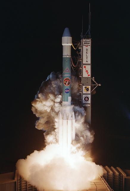 NASA image: KENNEDY SPACE CENTER, FLA.  -  NASA's Space Infrared Telescope Facility (SIRTF) lifts off from Launch Pad 17-B, Cape Canaveral Air Force Station, on Aug. 25 at 1:35:39 a.m. EDT. SIRTF will obtain images and spectra by detecting the infrared energy, or heat, radiated by objects in space. Consisting of a 0.85-meter telescope and three cryogenically cooled science instruments, SIRTF will be the largest infrared telescope ever launched into space. It is the fourth and final element in NASA’s family of orbiting “Great Observatories.” Its highly sensitive instruments will give a unique view of the Universe and peer into regions of space that are hidden from optical telescopes.