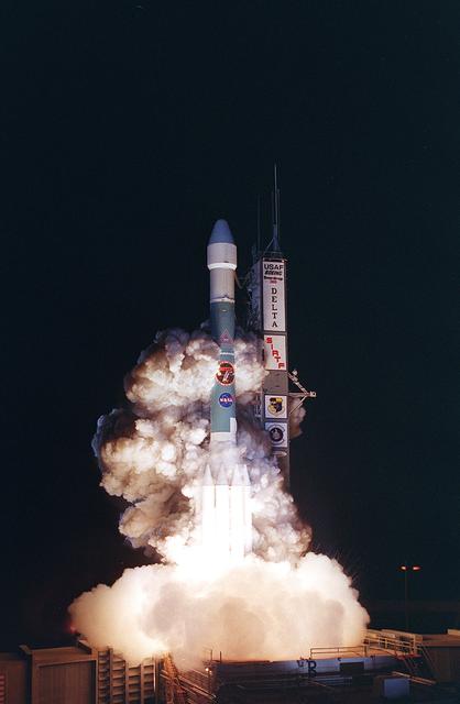 NASA image: KENNEDY SPACE CENTER, FLA.  -  NASA's Space Infrared Telescope Facility (SIRTF) lifts off from Launch Pad 17-B, Cape Canaveral Air Force Station, on Aug. 25 at 1:35:39 a.m. EDT. SIRTF will obtain images and spectra by detecting the infrared energy, or heat, radiated by objects in space. Consisting of a 0.85-meter telescope and three cryogenically cooled science instruments, SIRTF will be the largest infrared telescope ever launched into space. It is the fourth and final element in NASA’s family of orbiting “Great Observatories.” Its highly sensitive instruments will give a unique view of the Universe and peer into regions of space that are hidden from optical telescopes.