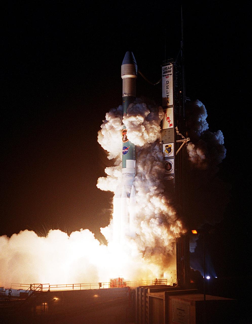 KENNEDY SPACE CENTER, FLA.  -  NASA's Space Infrared Telescope Facility (SIRTF) lifts off from Launch Pad 17-B, Cape Canaveral Air Force Station, on Aug. 25 at 1:35:39 a.m. EDT. SIRTF will obtain images and spectra by detecting the infrared energy, or heat, radiated by objects in space. Consisting of a 0.85-meter telescope and three cryogenically cooled science instruments, SIRTF will be the largest infrared telescope ever launched into space. It is the fourth and final element in NASA’s family of orbiting “Great Observatories.” Its highly sensitive instruments will give a unique view of the Universe and peer into regions of space that are hidden from optical telescopes.