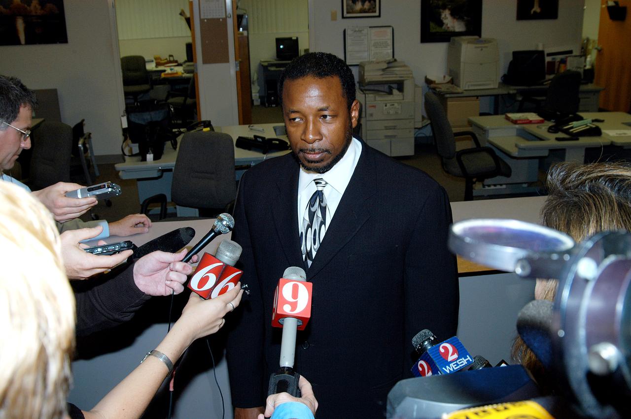 KENNEDY SPACE CENTER, FLA. -- Dr. Woodrow Whitlow, KSC deputy director, talks to the media at the NASA-KSC News Center after viewing President George W. Bush’s message on the future of NASA.  The President stated his goals for NASA’s new mission: Completing the International Space Station, retiring the Space Shuttle orbiters, developing a new crew exploration vehicle, and returning to the moon and beyond within the next two decades.   Pres. Bush was welcomed by NASA Administrator Sean O’Keefe and Expedition 8 Commander Michael Foale, who greeted him from the International Space Station.