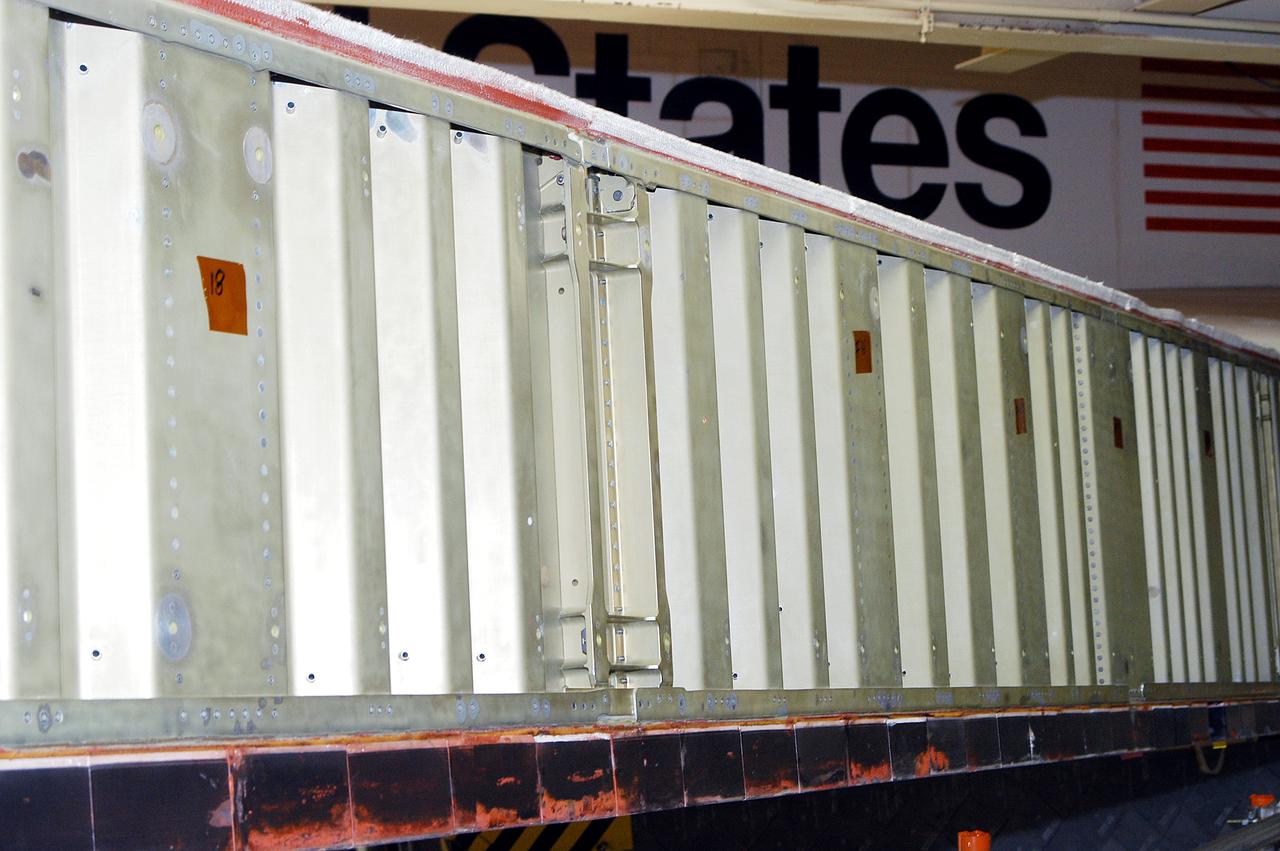 KENNEDY SPACE CENTER, FLA. -  This is the leading edge of the wing of Discovery, which is in the Orbiter Processing Facility.   The orbiter recently underwent an Orbiter Major Modification period, which included inspection, modifications and reservicing of most systems onboard. The work on Discovery also included the installation of a Multifunction Electronic Display Subsystem (MEDS) - a state-of-the-art “glass cockpit.”  The orbiter is now being prepared for eventual launch on a future mission.