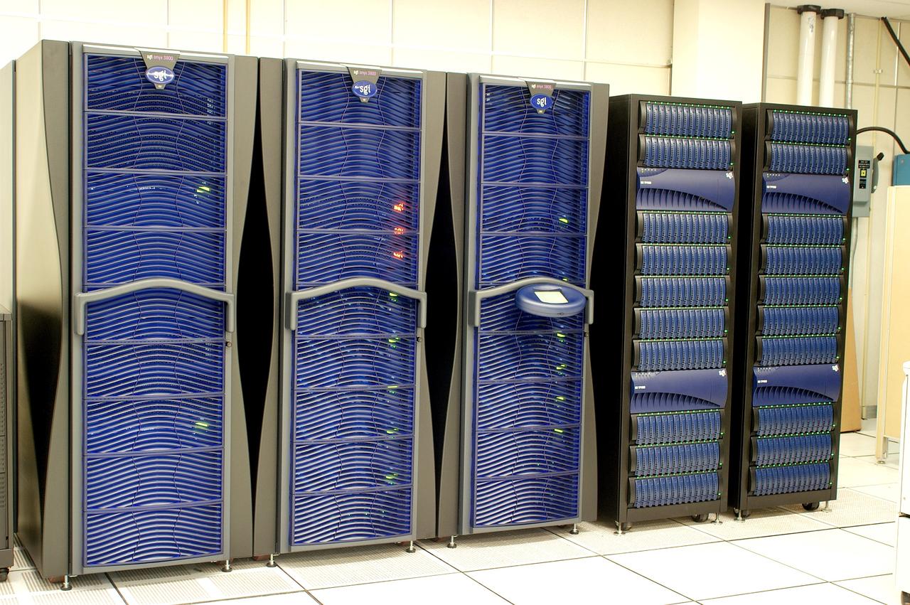 KENNEDY SPACE CENTER, FLA. - These towers are part of one of the world’s highest performing visual film analysis systems, developed to review and analyze previous shuttle flight data in preparation for the shuttle fleet’s return to flight.  The system is being used today for another purpose.  NASA has permitted its use in helping to analyze a film that shows a recent kidnapping in progress in Florida.  Developed by NASA, United Space Alliance (USA) and Silicon Graphics Inc., the system allows multiple-person collaboration,  highly detailed manipulation and evaluation of specific imagery.  The system is housed in the Image Analysis Facility inside the Vehicle Assembly Building. [Photo taken Aug. 15, 2003, courtesy of Terry Wallace, SGI ]