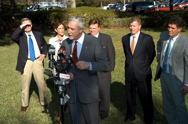 NASA image: KENNEDY SPACE CENTER, FLA. - NASA Administrator Sean O’Keefe talks to the media at the Central Florida Research Park, near Orlando.  He and government officials were at the park for a presentation about the assets of the research park as the site of NASA’s new Shared Services Center. Behind O’Keefe are (left to right) U.S. Senator Bill Nelson; Pamella J. Dana, Ph.D., director, Office of Tourism, Trade, and Economic Development in Florida; U.S. Representative Ric Keller; Florida Congressman Tom Feeney; and Congressman Dave Weldon.  Six sites around the U.S. are under consideration for location of the Center, which would centralize NASA’s payroll, accounting, human resources, facilities and procurement offices that are now handled at each field center.  The consolidation is part of the One NASA focus.  Center Director Jim Kennedy also attended the presentation.