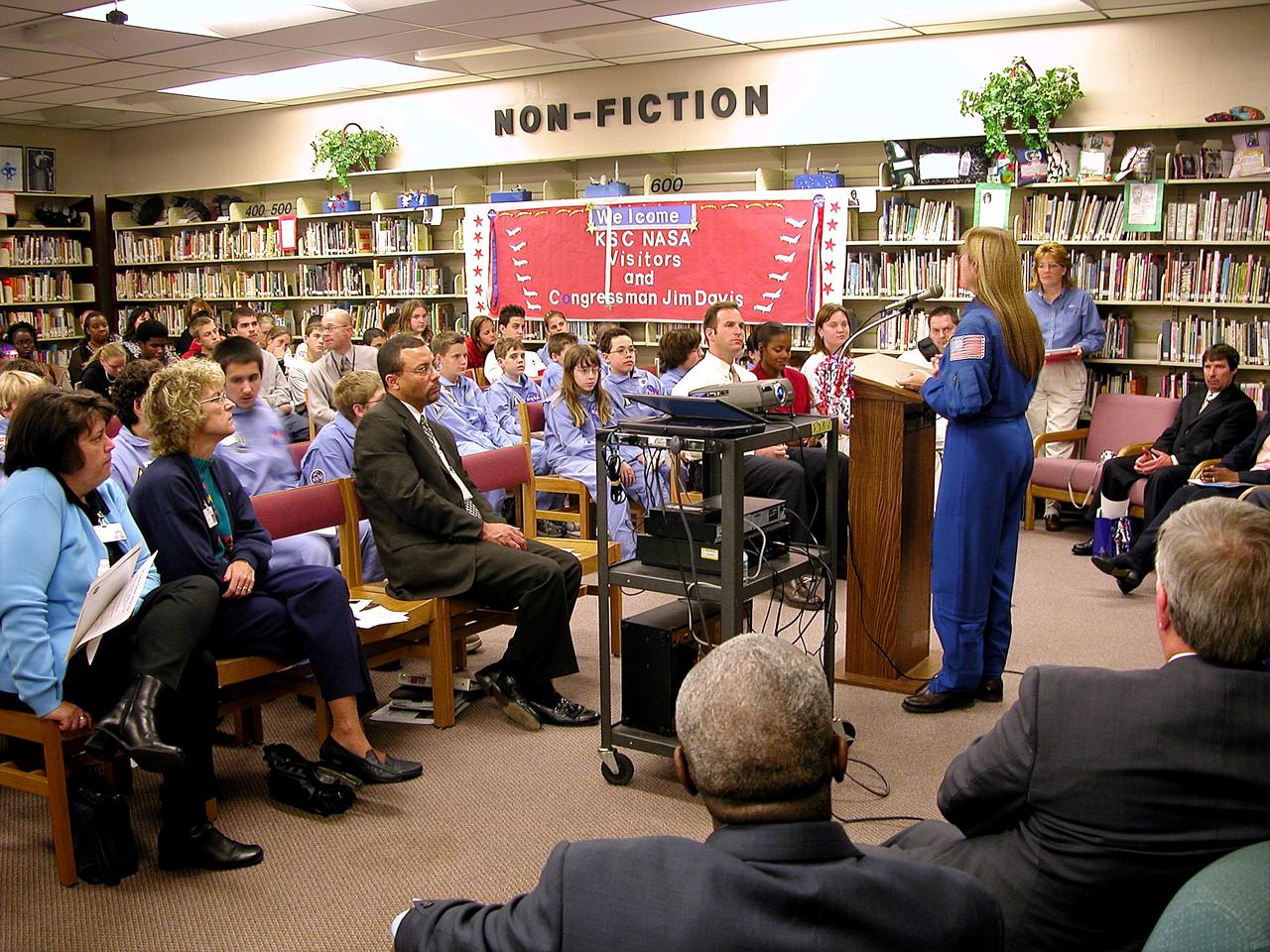 KENNEDY SPACE CENTER, FLA. - Astronaut Kay Hire talks to students in Garland V. Stewart Magnet Middle School, a NASA Explorer School (NES) in Tampa, Fla. She joined Center Director Jim Kennedy in sharing the agency’s new vision for space exploration with the next generation of explorers. Kennedy is talking with students about our destiny as explorers, NASA’s stepping stone approach to exploring Earth, the Moon, Mars and beyond, how space impacts our lives, and how people and machines rely on each other in space.