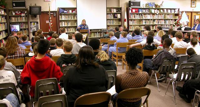 NASA image: KENNEDY SPACE CENTER, FLA. - Students at Garland V. Stewart Magnet Middle School, a NASA Explorer School (NES) in Tampa, Fla., listen attentively to astronaut Kay Hire.  She and Center Director Jim Kennedy were at the school to share the agency’s new vision for space exploration with the next generation of explorers. Kennedy is talking with students about our destiny as explorers, NASA’s stepping stone approach to exploring Earth, the Moon, Mars and beyond, how space impacts our lives, and how people and machines rely on each other in space.