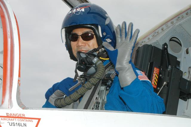NASA image: KENNEDY SPACE CENTER, FLA. - STS-114 Mission Specialist Soichi Noguchi arrives at KSC aboard a T-38 jet aircraft.  He and other crew members are at the Center for familiarization activities with equipment.   The mission is Logistics Flight 1, scheduled to deliver the Multi-Purpose Logistics Module carrying supplies and equipment to the Space Station and the external stowage platform.