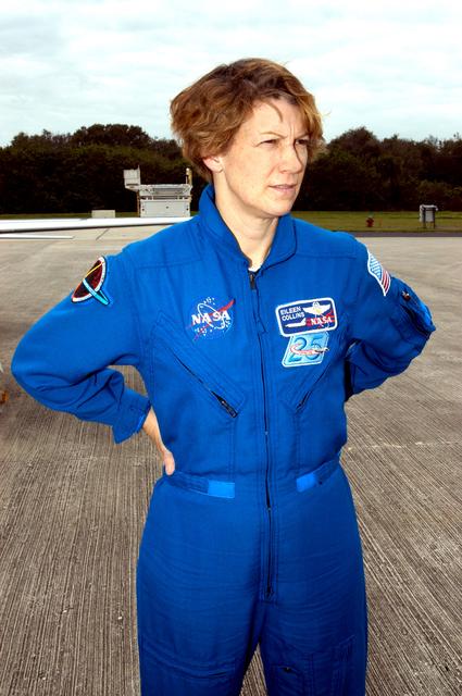 KENNEDY SPACE CENTER, FLA. - STS-114 Mission Commander Eileen Collins is pleased to be back at KSC after arriving aboard a T-38 jet aircraft.  She and other crew members are at the Center for familiarization activities with equipment.   The mission is Logistics Flight 1, scheduled to deliver to the Space Station the external stowage platform and the Multi-Purpose Logistics Module with supplies and equipment.