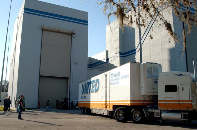 NASA image: KENNEDY SPACE CENTER, FLA. -  Shipped in an air-conditioned transportation van from NASA’s Goddard Space Flight Center in Greenbelt, Md., NASA’s MESSENGER spacecraft, the first Mercury orbiter, arrives at the Astrotech Space Operations processing facilities near KSC.    MESSENGER - short for MErcury Surface, Space ENvironment, GEochemistry and Ranging - will be offloaded and taken into a high bay clean room.  After the spacecraft is removed from its shipping container, employees of the Johns Hopkins University Applied Physics Laboratory, builders of the spacecraft, will perform an initial state-of-health check.  Then processing for launch can begin, including checkout of the power systems, communications systems and control systems.  The thermal blankets will also be attached for flight.  MESSENGER will be launched May 11 on a six-year mission aboard a Boeing Delta II rocket.  Liftoff is targeted for 2:26 a.m. EDT on Tuesday, May 11.